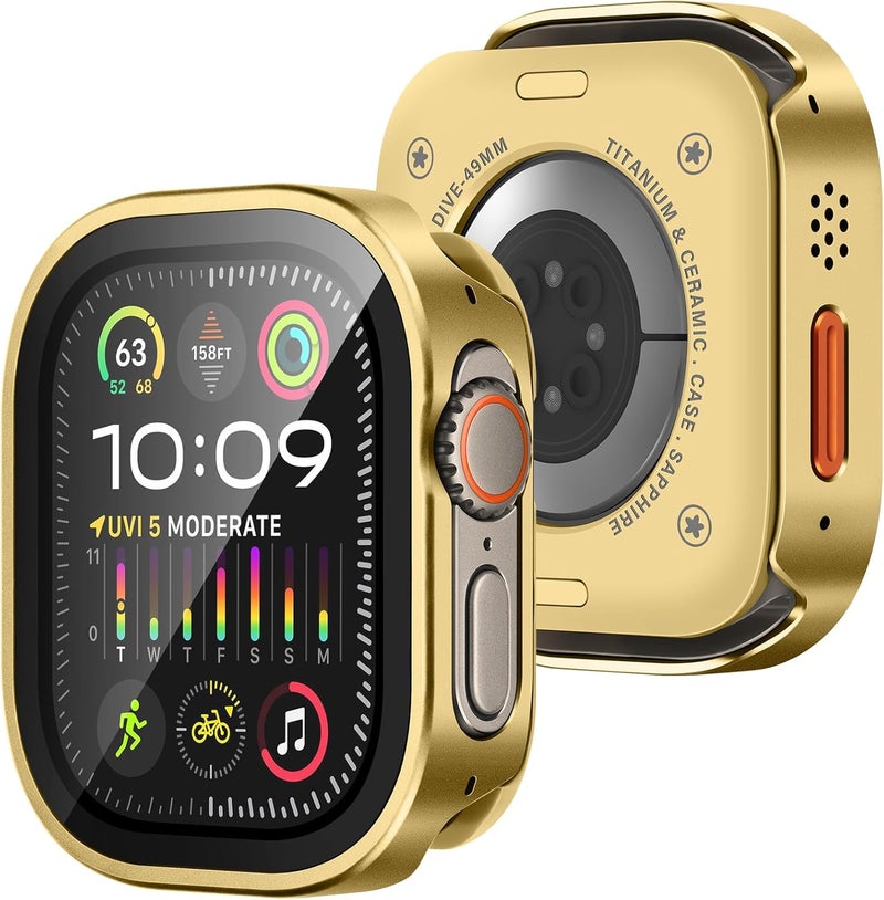 Amizee Metal Case Compatible with Apple Watch Ultra 3/2/1 49mm Case with Built-in Screen Protector, Straight Edge Ultra Thin with Back Cover Protective Cover for iWatch 49mm, Gold - Image 1